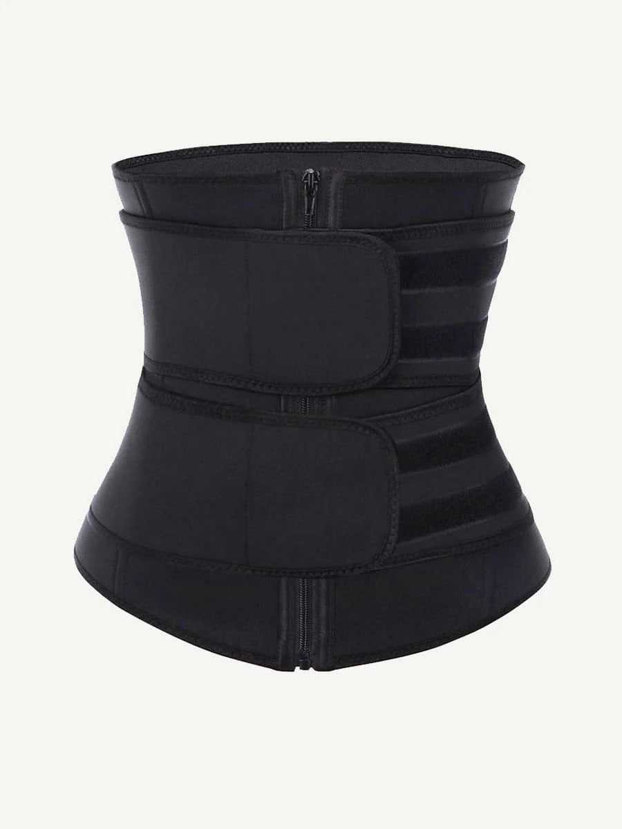 Black Latex Waist Cincher with Zipper and Adjustable Belt