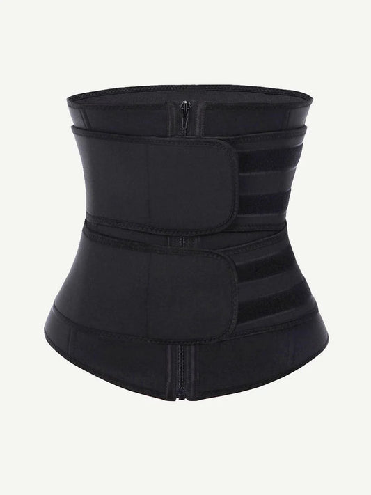 Black Latex Waist Cincher with Zipper and Adjustable Belt